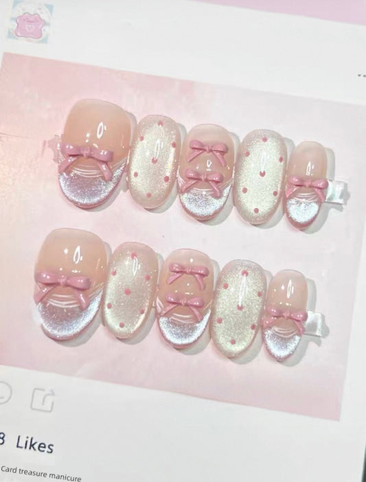 Ballet Cateye Pink Bow Nails [Handmade]