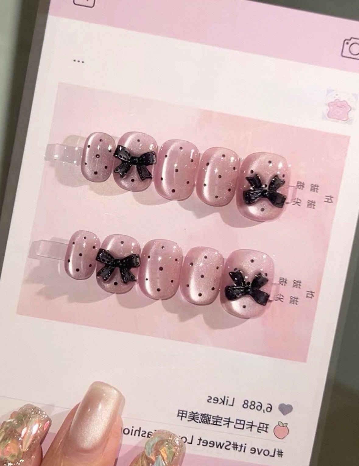 Black Polka Dots Pink Cat-eye Nails [Handmade]