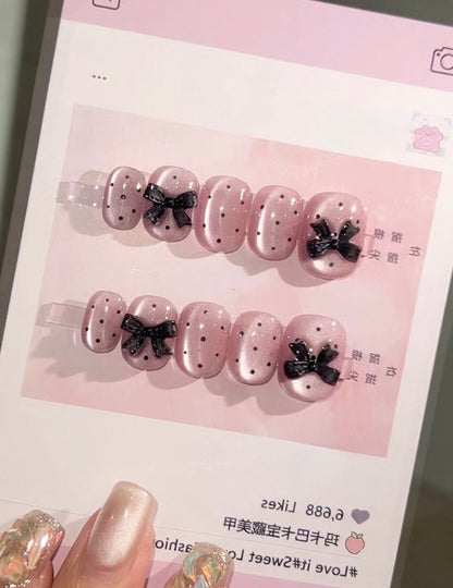 Black Polka Dots Pink Cat-eye Nails [Handmade]