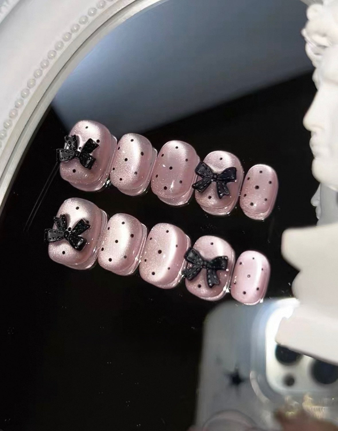 Black Polka Dots Pink Cat-eye Nails [Handmade]