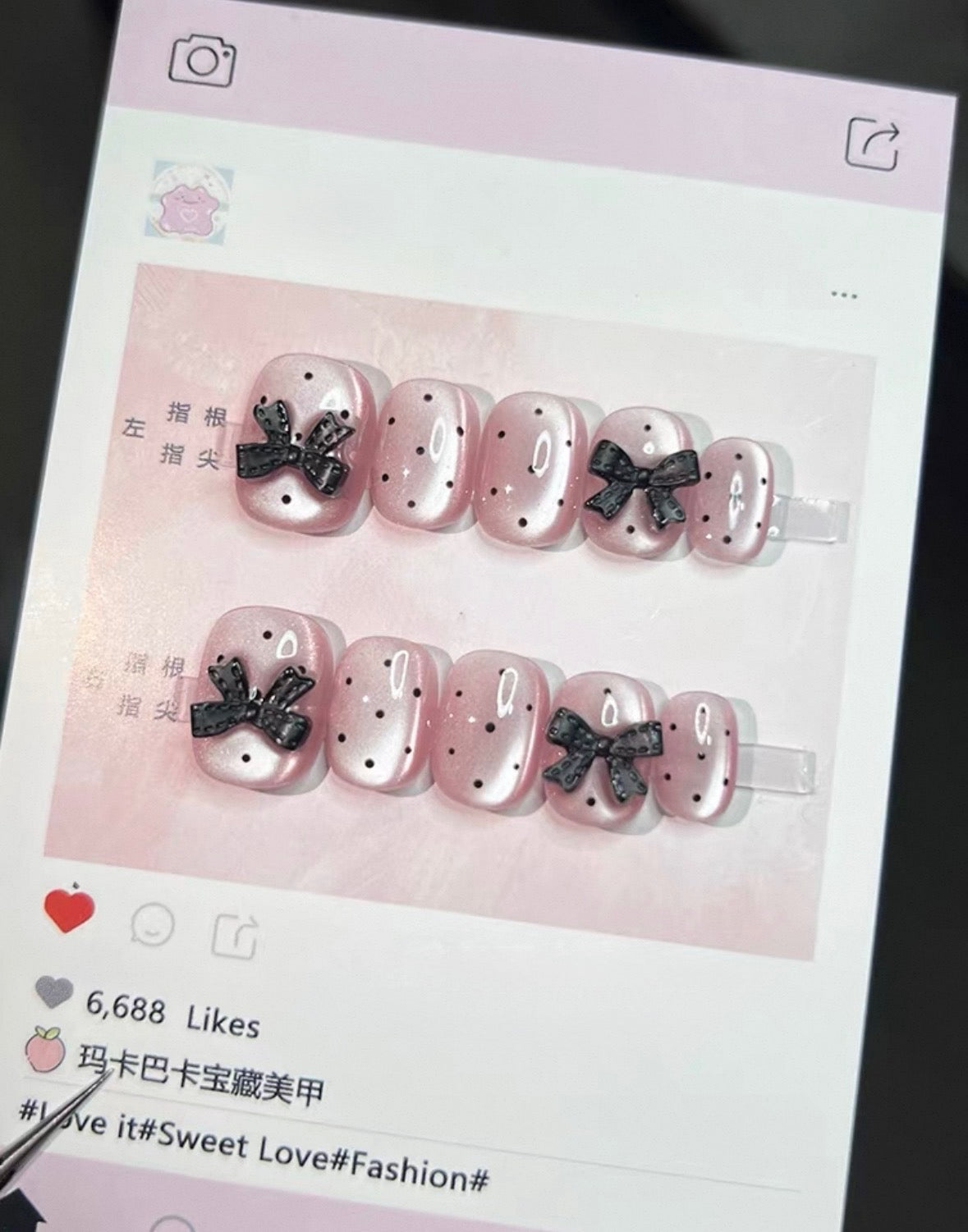 Black Polka Dots Pink Cat-eye Nails [Handmade]