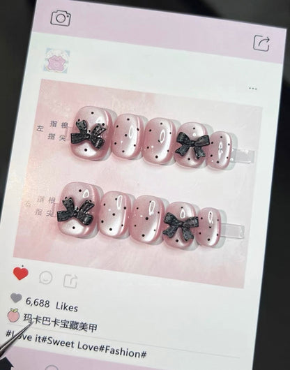 Black Polka Dots Pink Cat-eye Nails [Handmade]