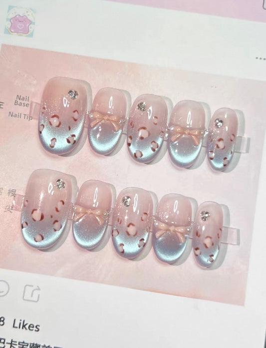 Blue Cateye Pink Leopard Print Nails [Handmade]