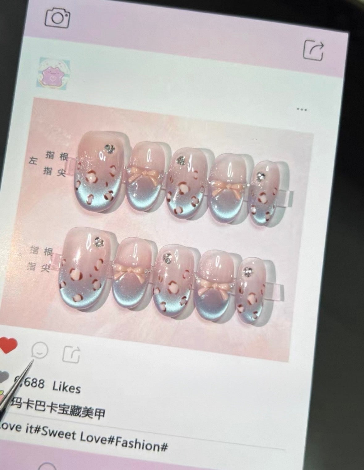 Blue Cateye Pink Leopard Print Nails [Handmade]