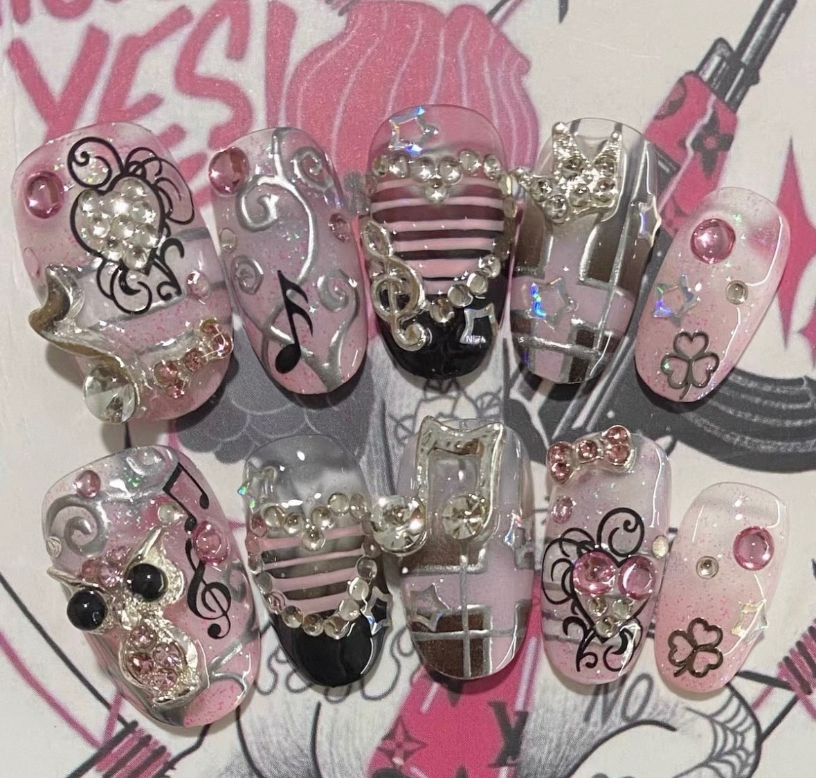Y2K Style Musical Pink Nails [Handmade]