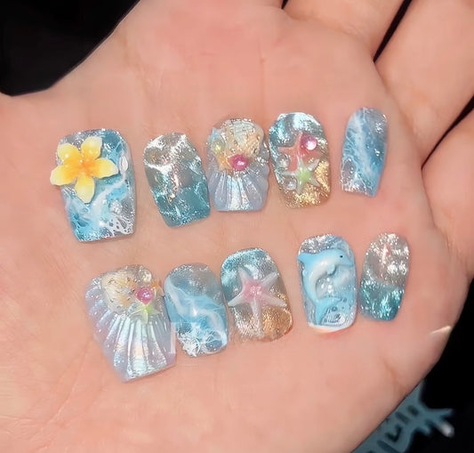 Blue Beach Sea Shell Nails [Handmade]
